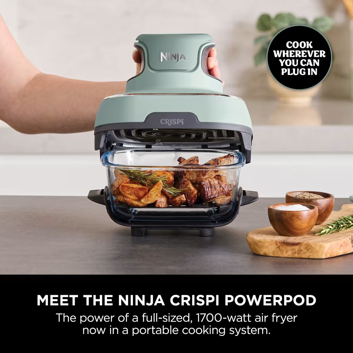 Ninja CRISPi 4-in-1 Portable Glass Air Fryer - Sage & extra TempWare Glass Container Bundle