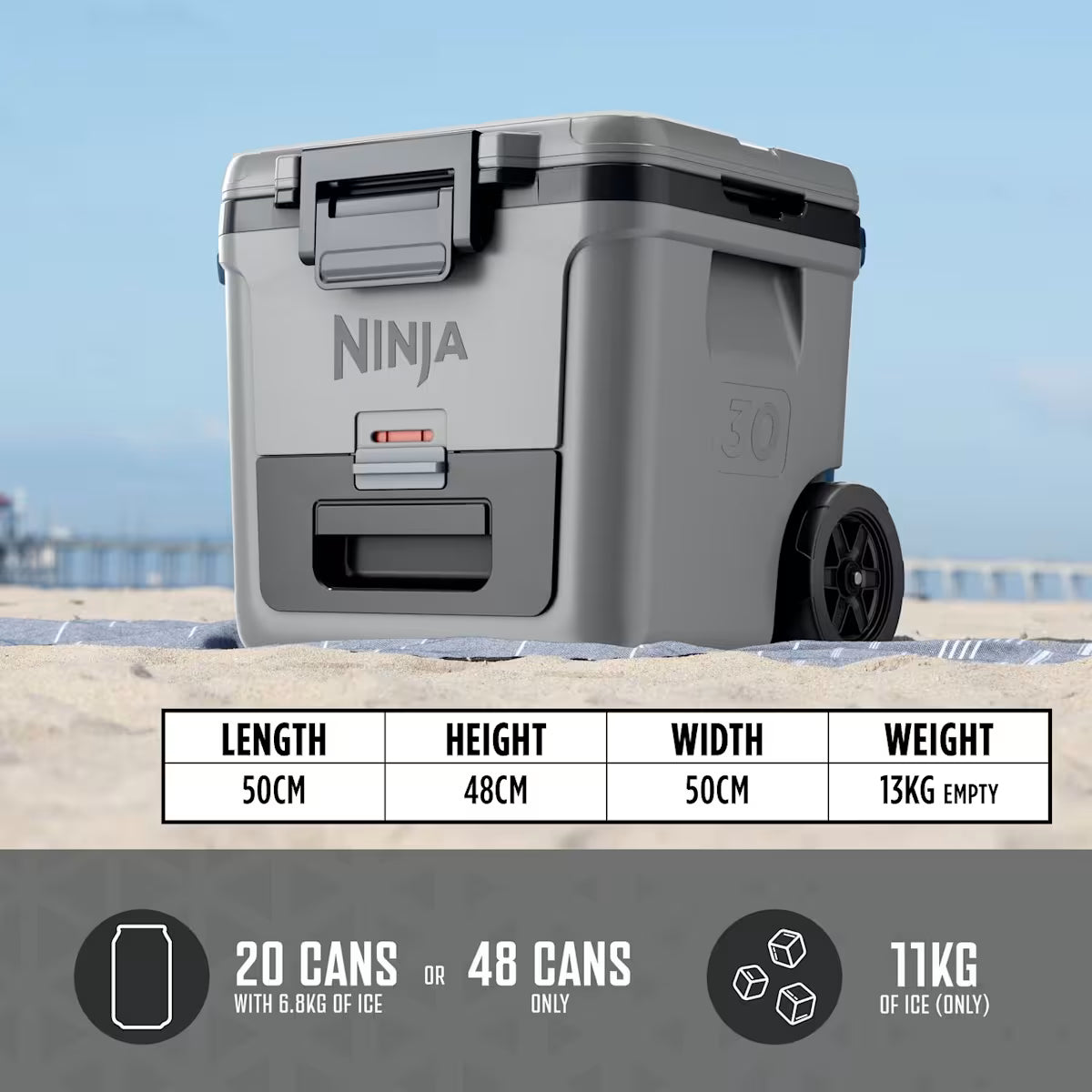 Ninja FrostVault 30QT/28L Wheeled Cooler, Ice Pack & Thirsti Bottle Bundle
